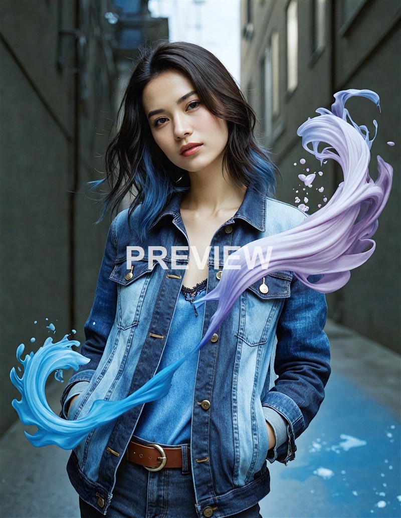 A young woman with dark hair and blue-tipped ends, wearing a denim jacket and standing in an alleyway, with swirling pastel-colored liquid effects around her.